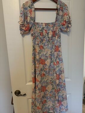 ASTR the Label Floral Puff-Sleeve Midi Dress in Cream, Coral & Blue